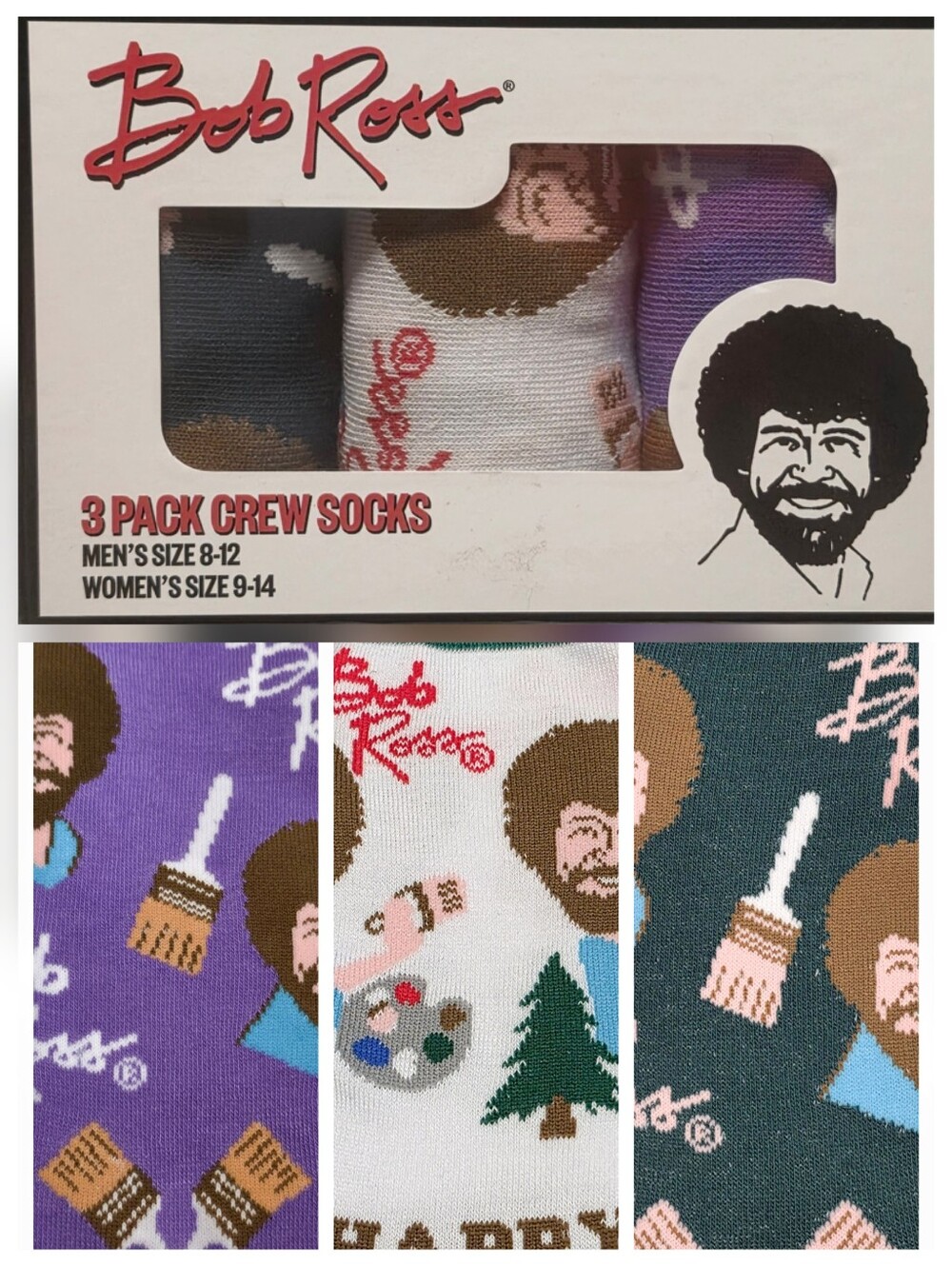Bob Ross Gift Box 3 Pairs Crew Socks  Womens Shoes Size 9 - 14 Mens Shoes 8 - 12